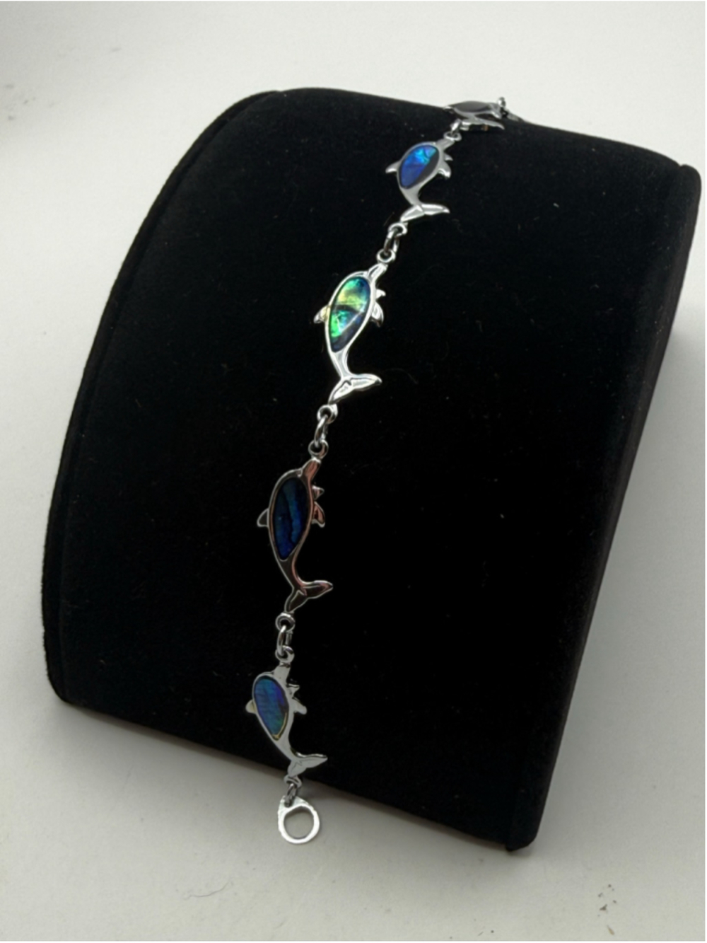 Dolphin Bracelet Blue Green Abalone Paua Shell Inlay Silver Tone 6 Dolphins